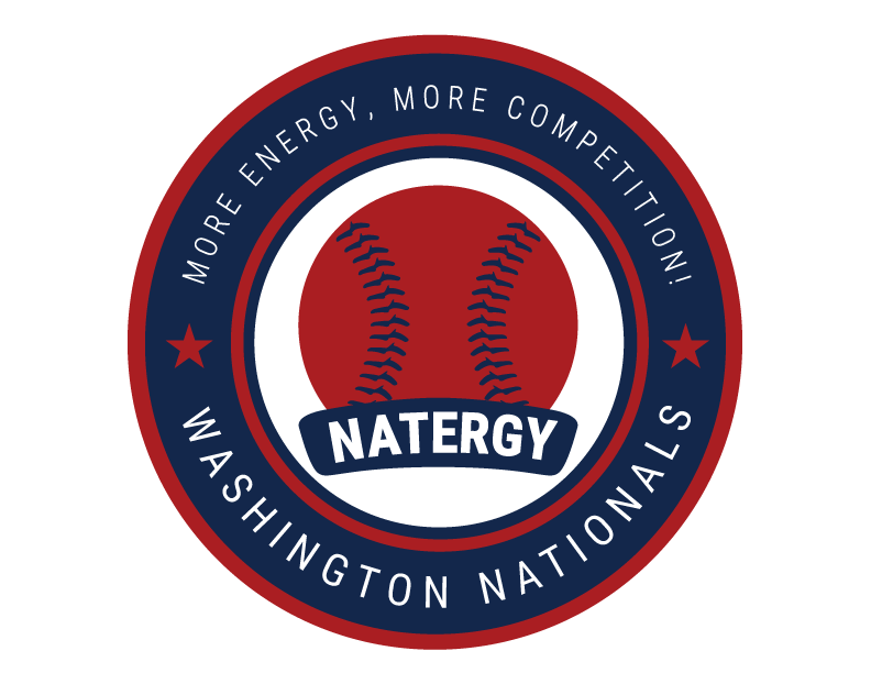 Natergy logo that has a baseball, with the word Natergy, surrounded by a red and navy-blue circle. The outer circle says "Washington Nationals" along with "More energy, more competition."